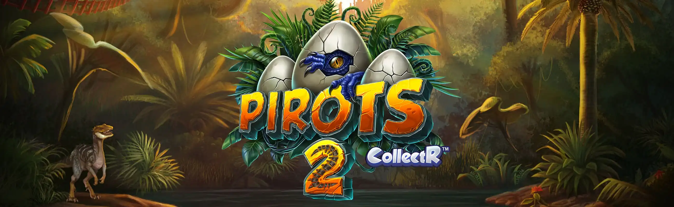Pirots 2 promobanner met dinosaurussen en de vier vogels