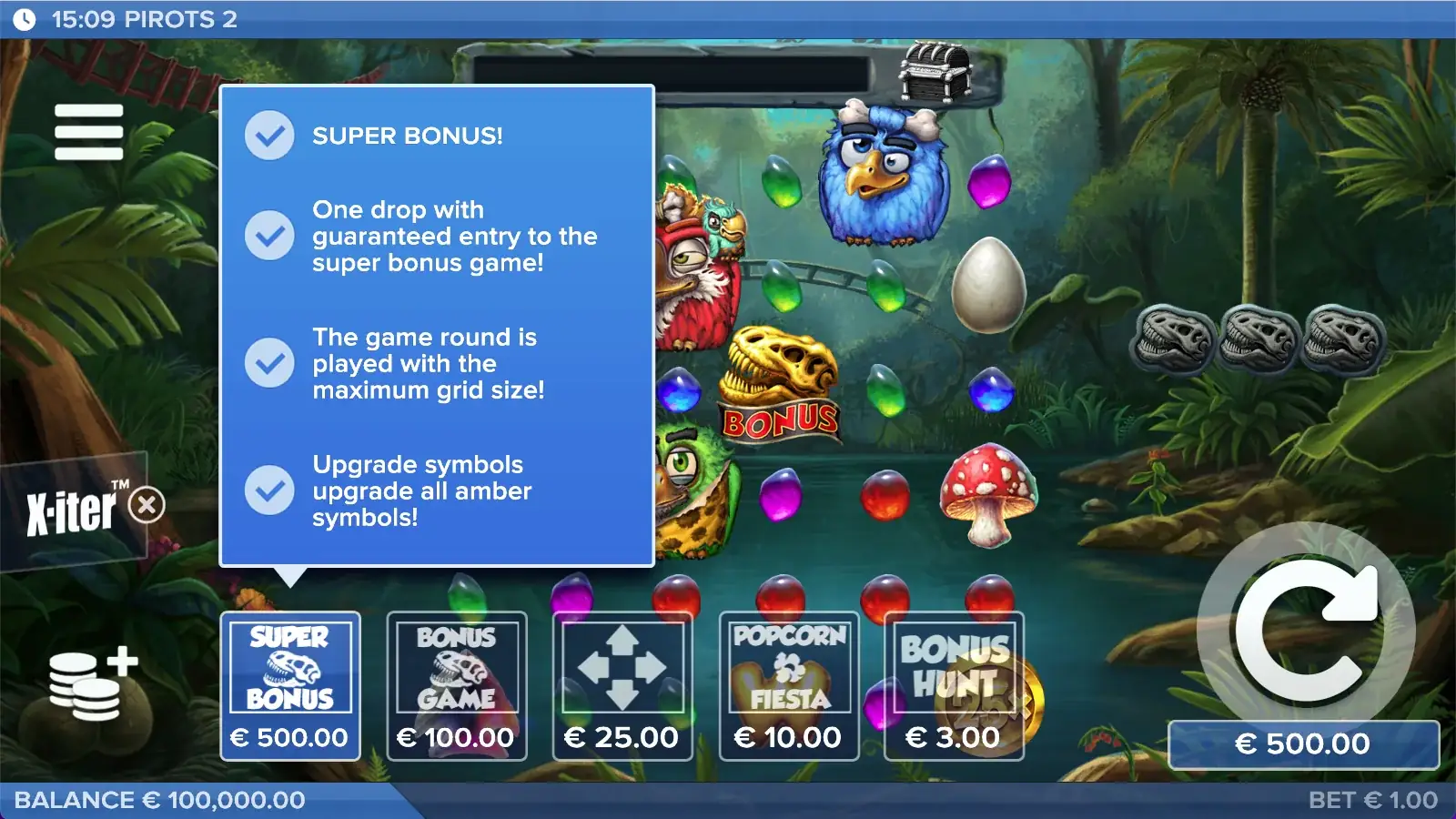 Pirots 2 X-iter aankoopmenu met alle prijsniveaus