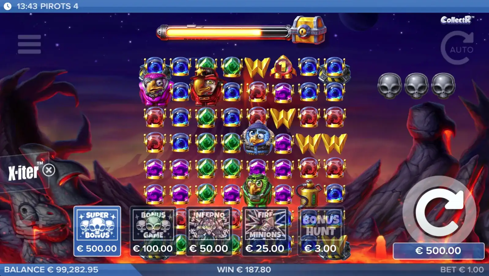 Pirots 4 startscherm in demomodus (wereld Inferno)
