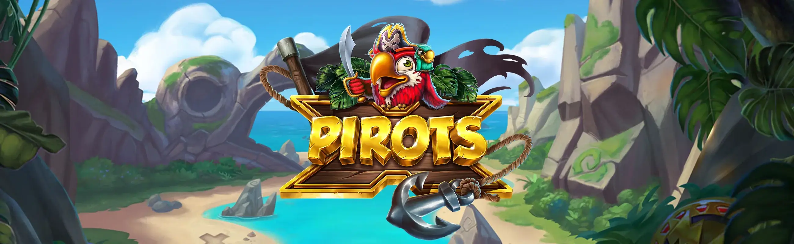 Pirots X promobanner met piraten- en schattenthema